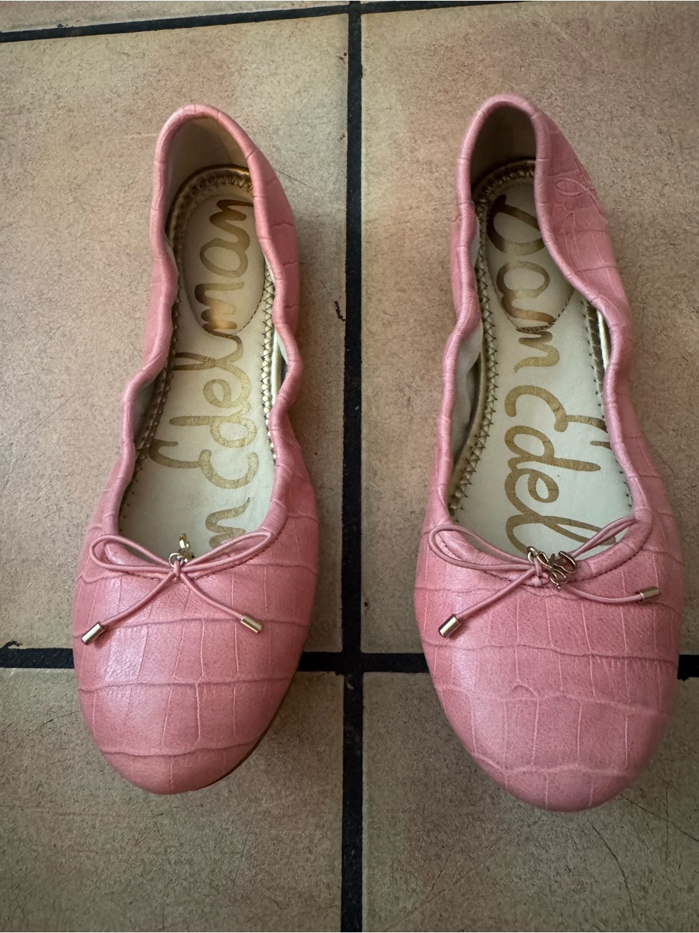 Sam Edelman Felicia Pink Croc-Embossed Ballet Flats with Bow